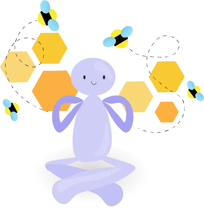 sitting character with bees buzzing around