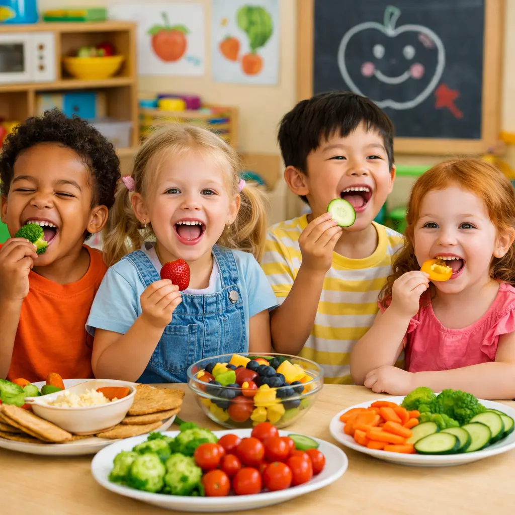 children eating healthy foods and smiling