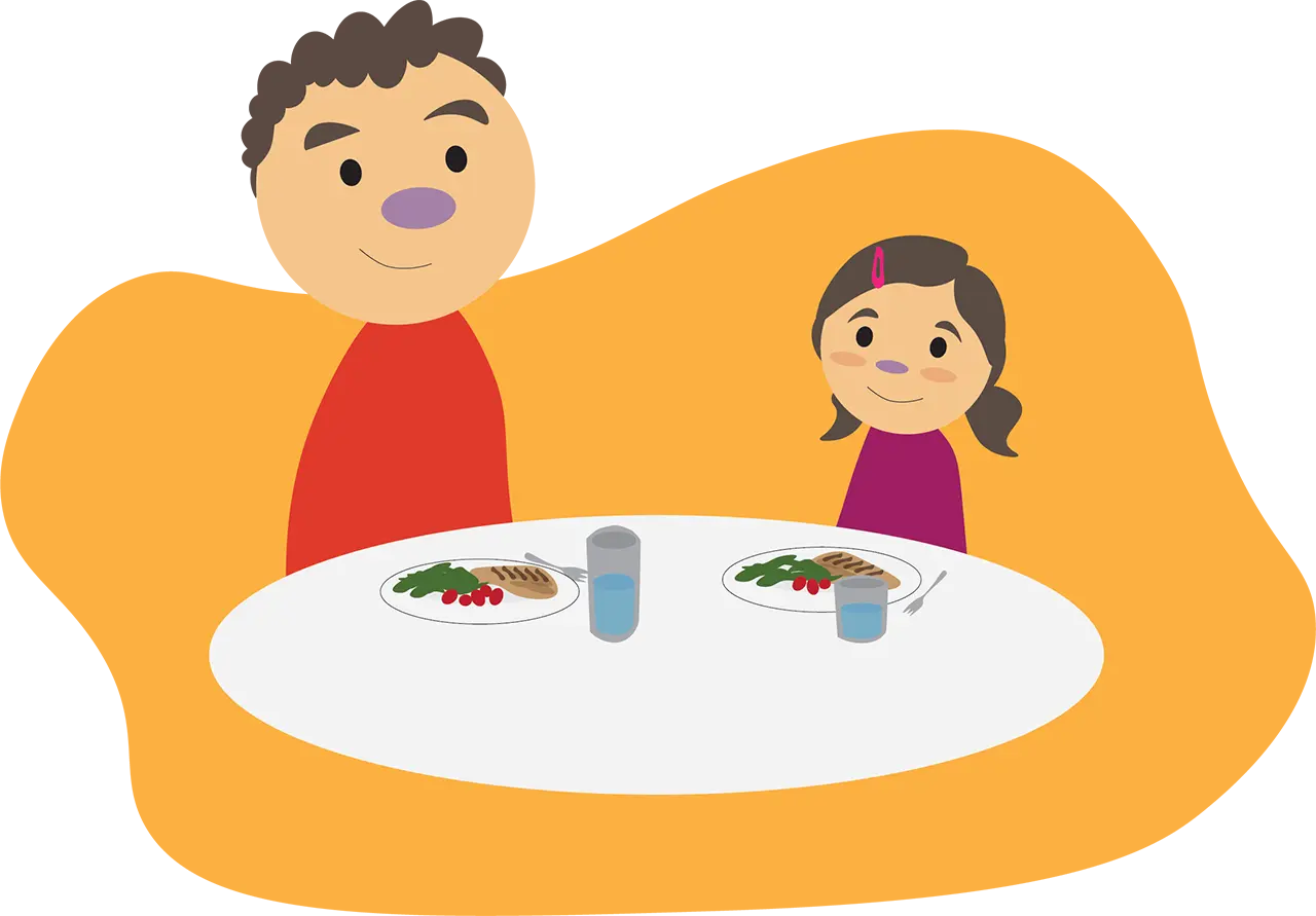 playful graphic of father and child eating together at table