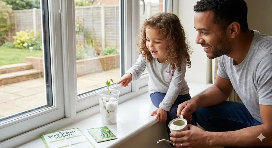 parent and young child looking at a plant in the window