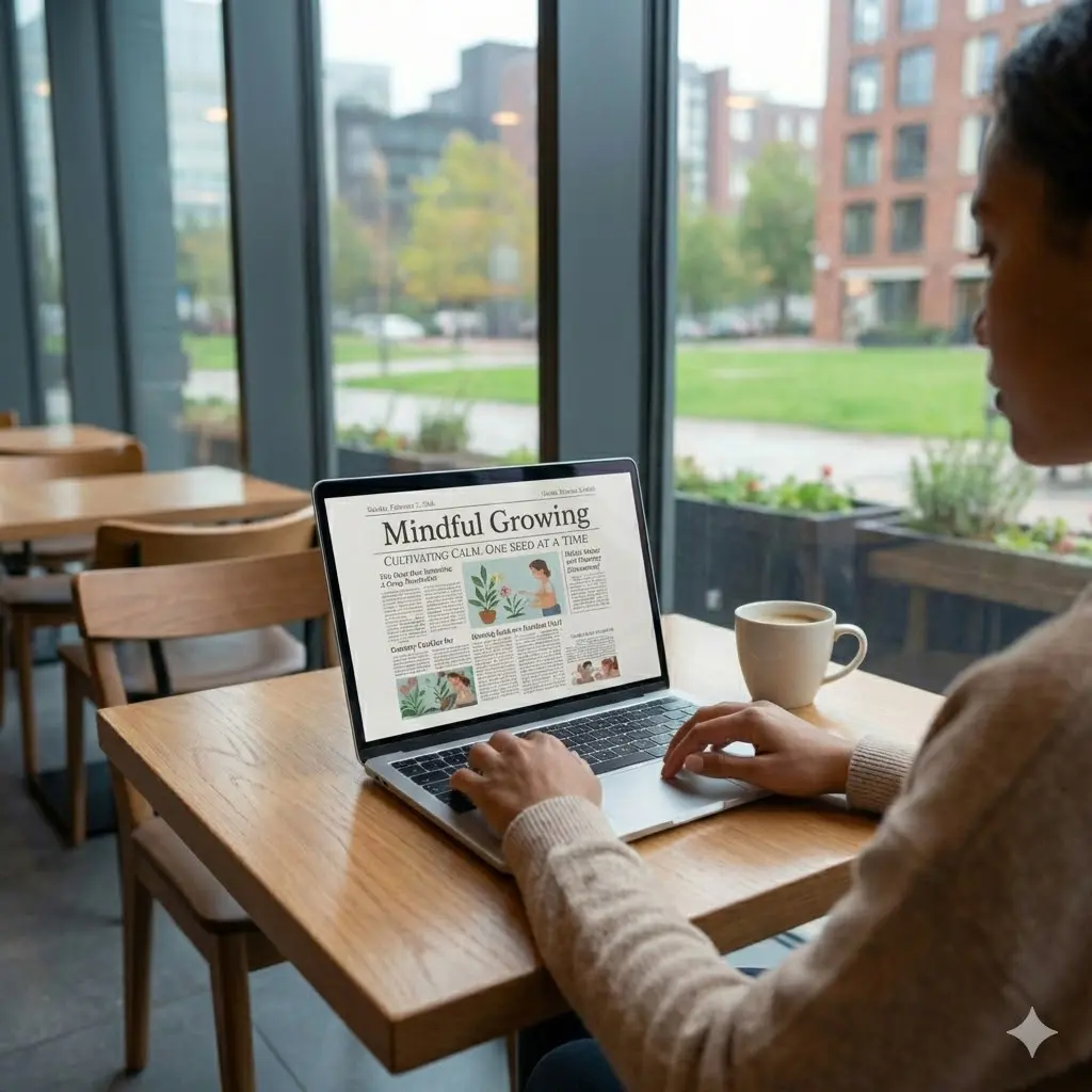 parent reading Mindfully Growing newsletter on a laptop
