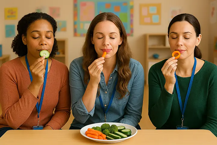 teachers eating healthy foods at a table with a plate of vegetables in front of them