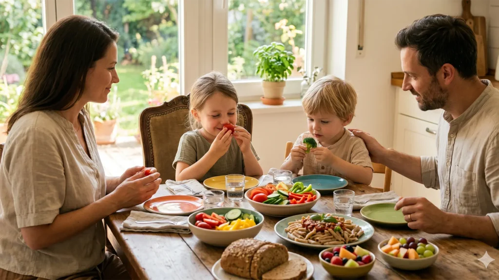 family at kitchen table trying new foods with their kids