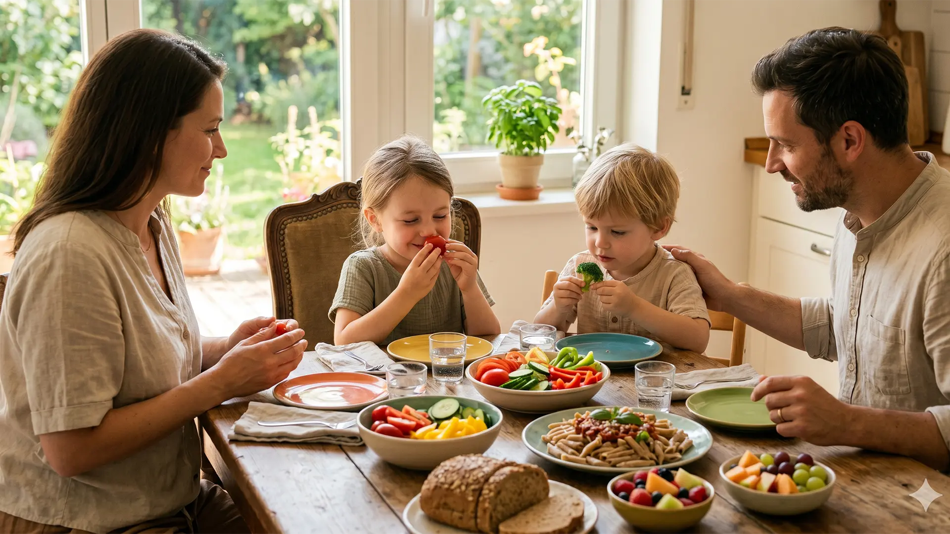 family at kitchen table trying new foods with their kids
