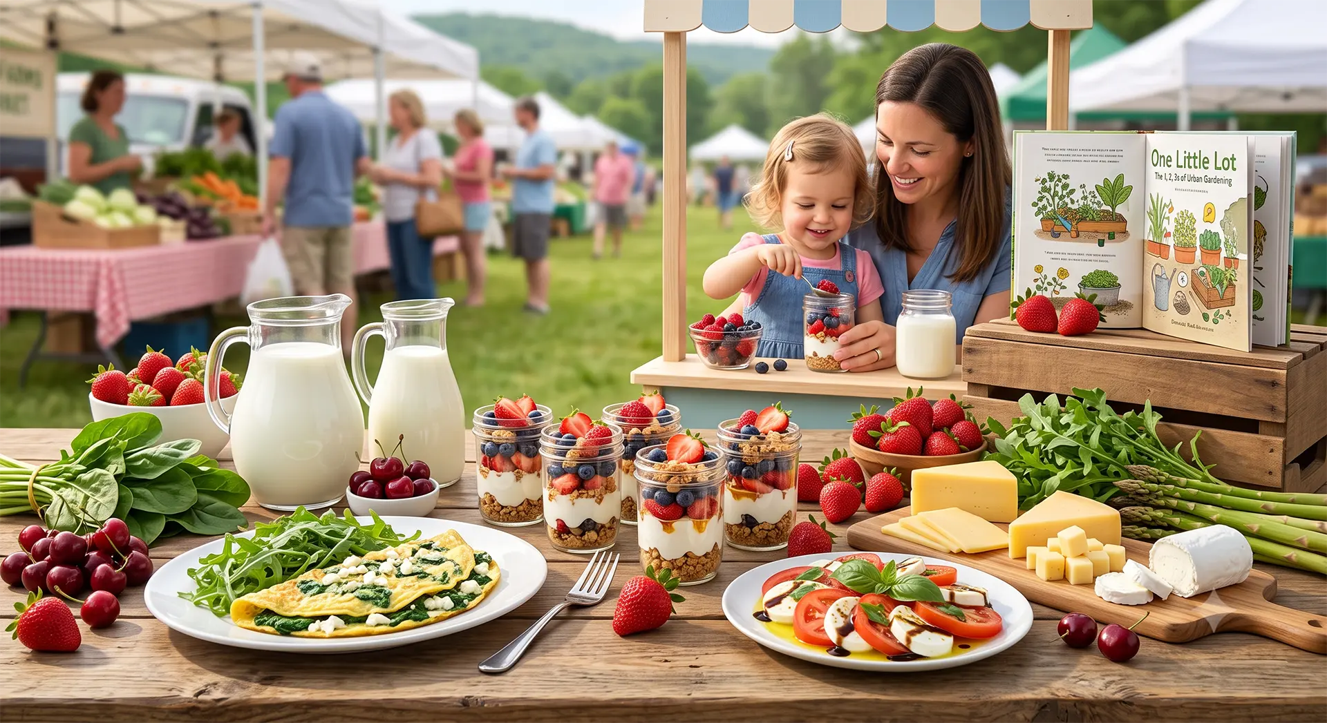 mother and child enjoying produce and dairy products with a large spread on a wooden table